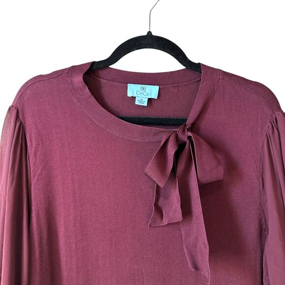Cece New Women’s Tie Neck Sheer Long Sleeve Sweater Dress Burgundy Plus Size 1X - Picture 9 of 13